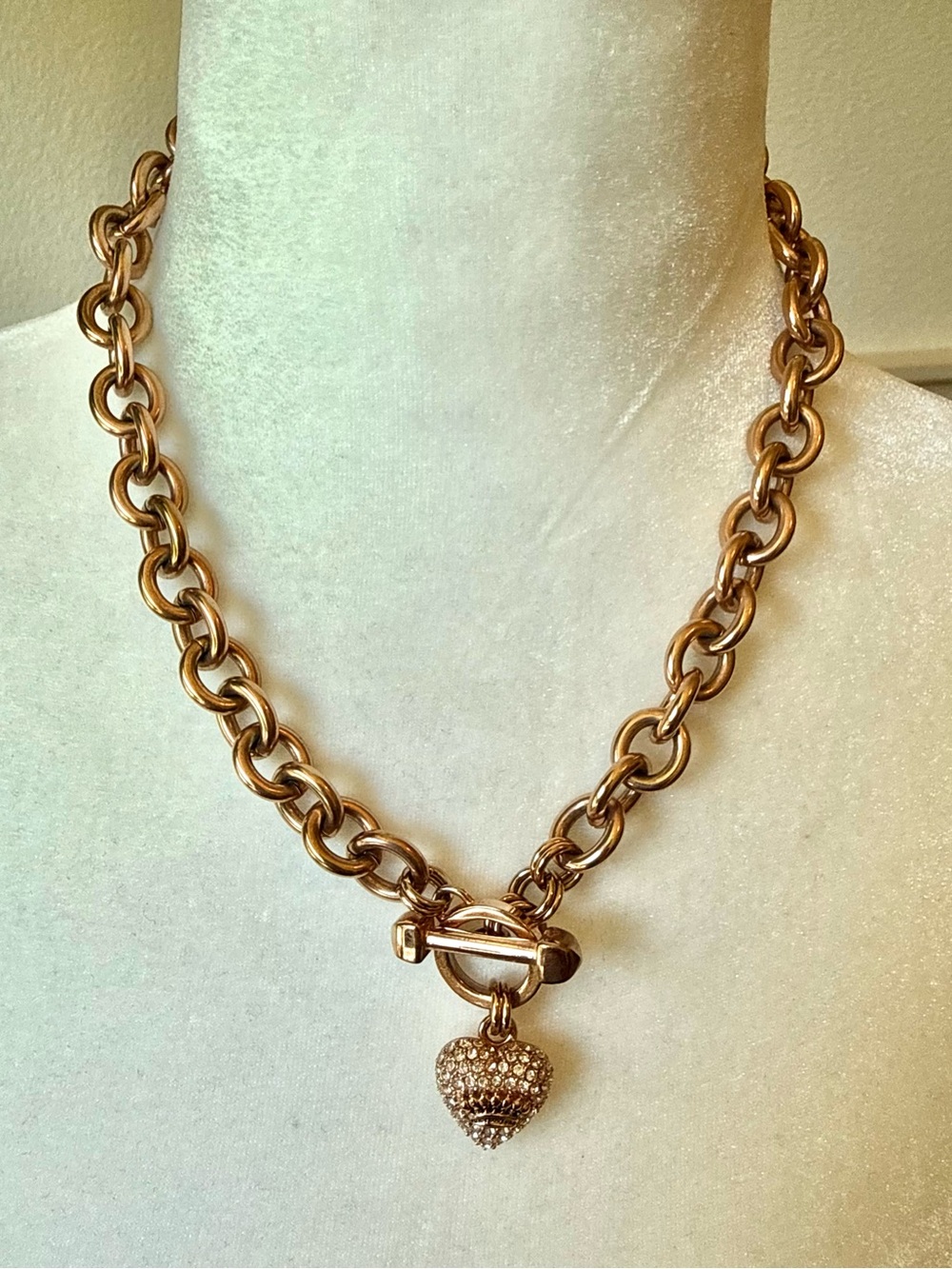 Vintage Juicy Couture Rose Gold Tone Chunky Chain Toggle Heart Necklace Pave Y2K